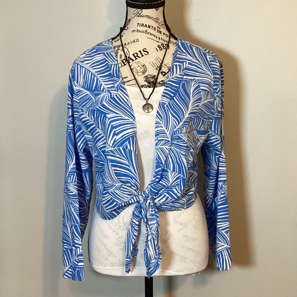 LINEN BLEND SHADE & SHORE BLUE & WHITE TROPICAL PRINT WAIST TIE TOP Sz. XL